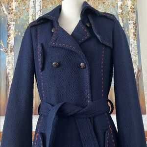 Tommy Hilfiger Navy Wool Mix Trench Coat with red contrast stitching, Size Small